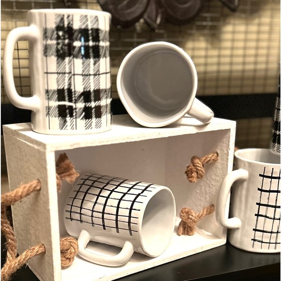 NEW Set of 6 Farmhouse Black & White Plaid Ceramic Coffee Tea Cups Mugs 12 oz - Picture 5 of 15